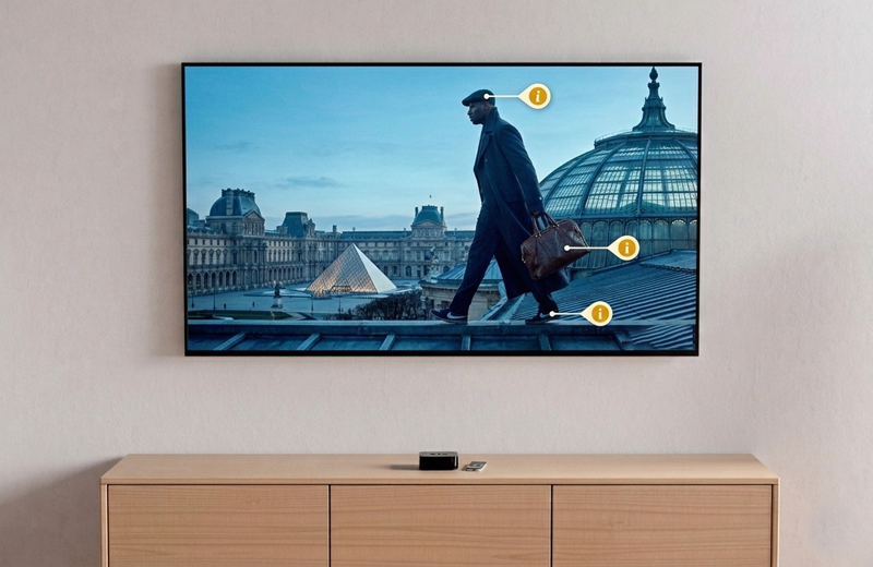 Interactive product placement on TV showing a man in Paris with shoppable hotspots